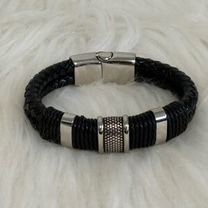 Source Unknown Black Braided Leather Bracelet with Silver Accents